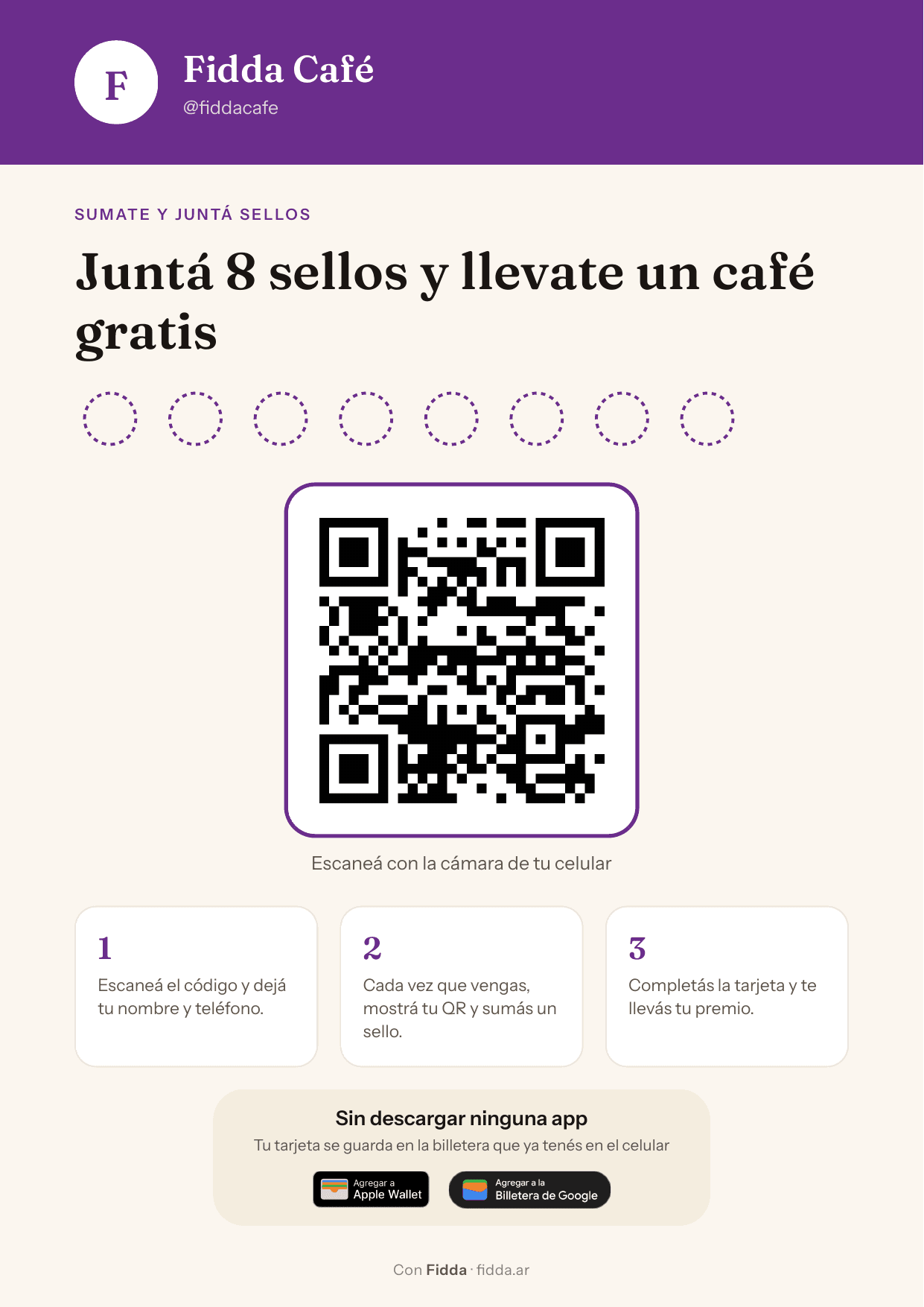 Afiche del mostrador con el QR, los sellos a completar y el premio.