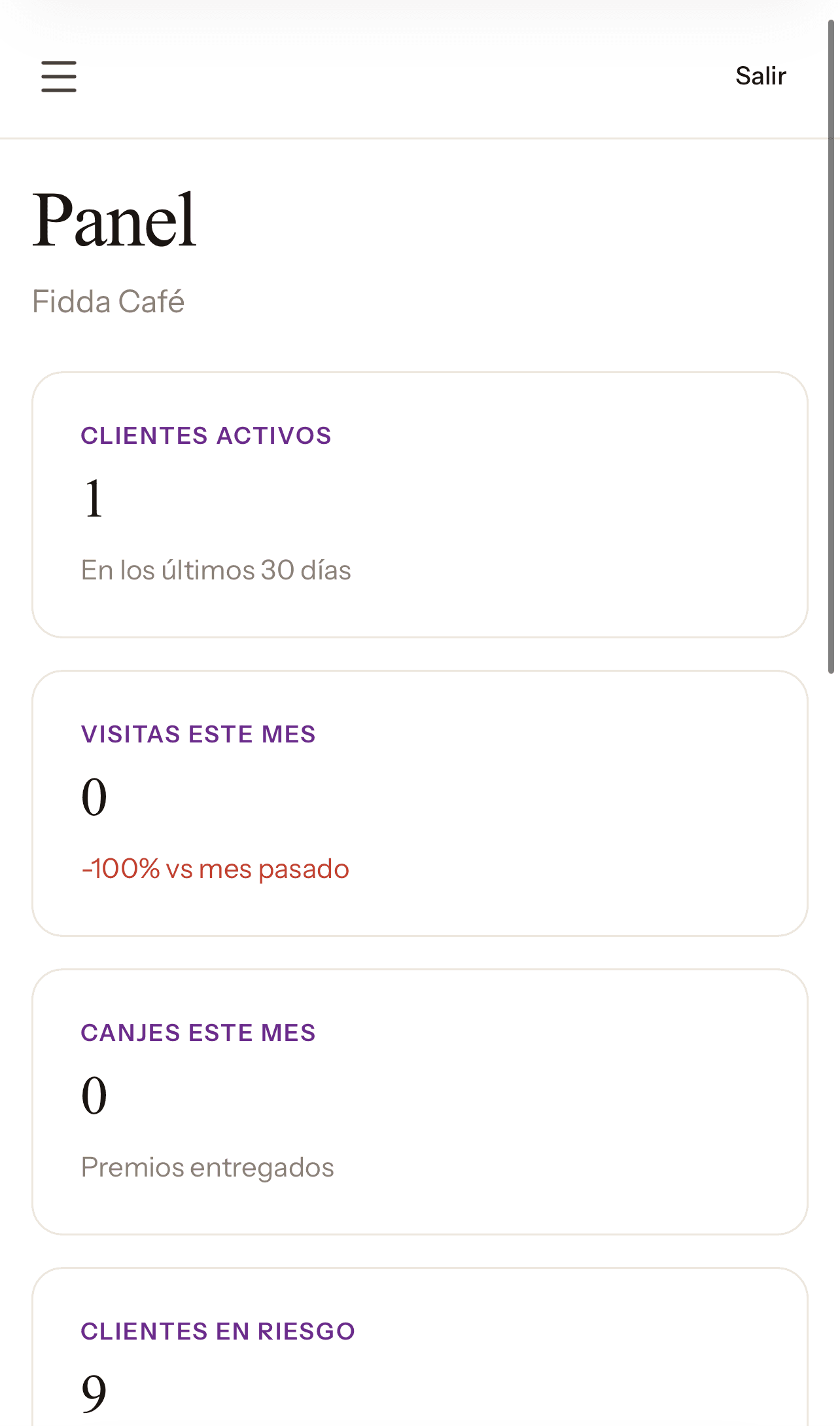 Captura del panel del comercio mostrando estadísticas de clientes, visitas y canjes.