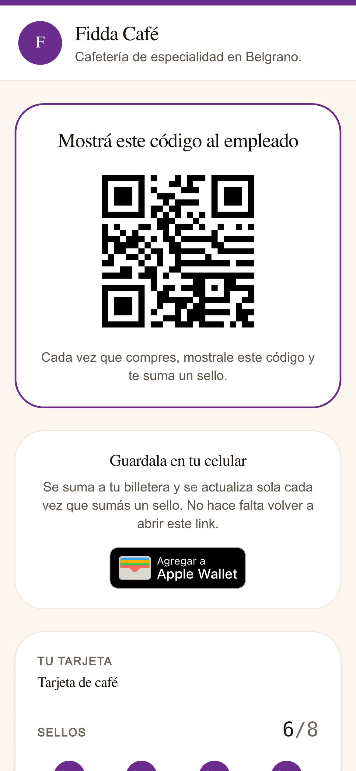 Tarjeta del cliente con su QR y el botón para agregarla a la billetera del celular.
